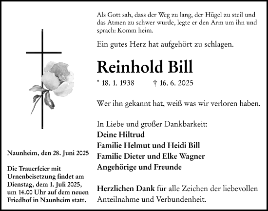 Traueranzeige von Reinhold Bill von Wetzlarer Neue Zeitung
