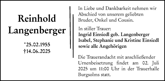 Traueranzeige von Reinhold Langenberger von Wetzlarer Neue Zeitung