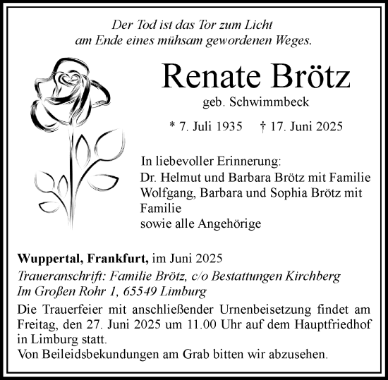 Traueranzeige von Renate Brötz von Nassauische Neue Presse