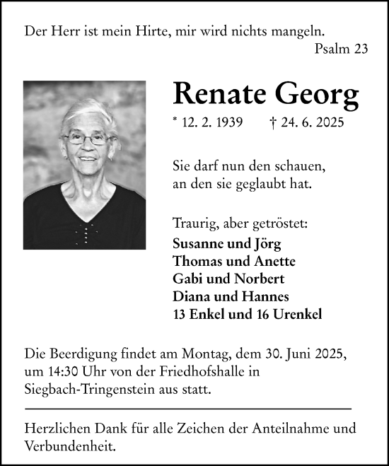 Traueranzeige von Renate Georg von Dill Block