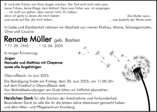 Traueranzeige von Renate Müller von Dill Block