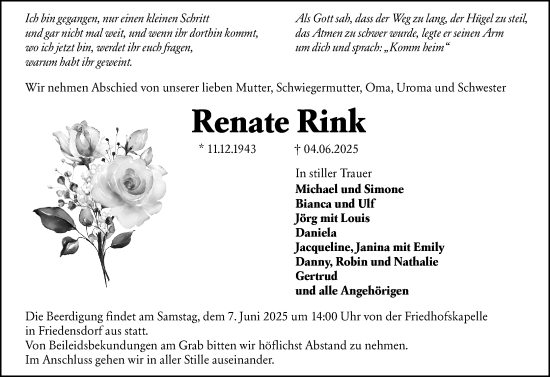 Traueranzeige von Renate Rink von Hinterländer Anzeiger