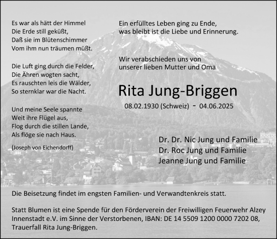 Traueranzeige von Rita Jung-Briggen von Allgemeine Zeitung Alzey