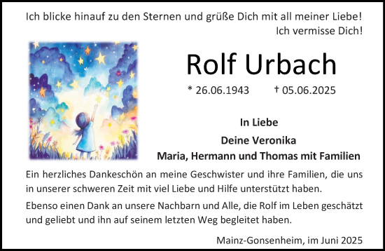 Traueranzeige von Rolf Urbach von Allgemeine Zeitung Mainz