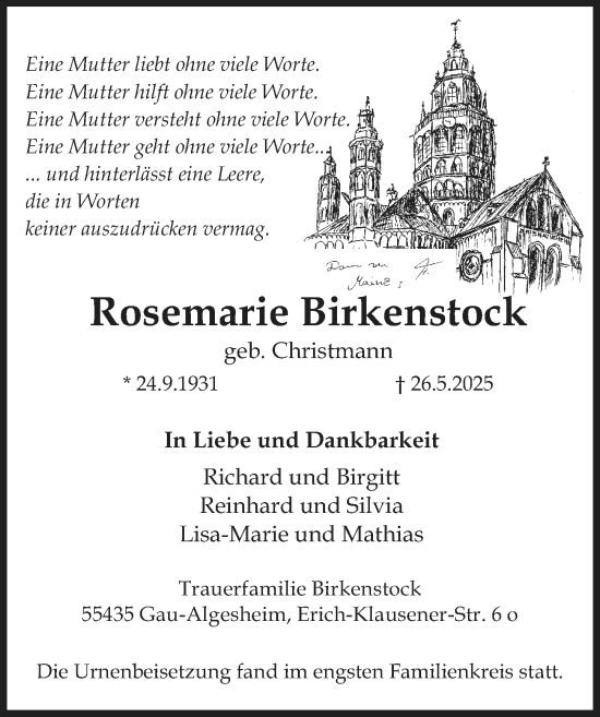 Traueranzeige von Rosemarie Birkenstock von Allgemeine Zeitung Mainz