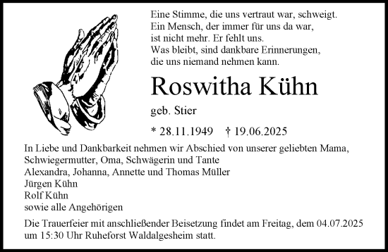 Traueranzeige von Roswitha Kühn von Groß-Gerauer Echo