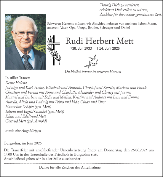 Traueranzeige von Rudi Herbert Mett von Wetzlarer Neue Zeitung