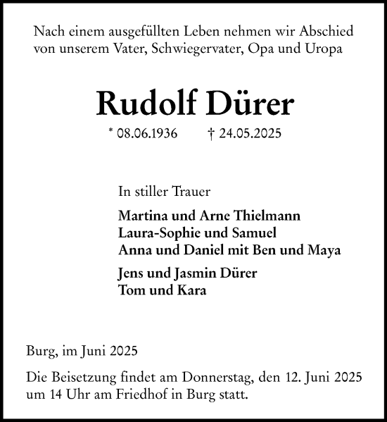 Traueranzeige von Rudolf Dürer von Dill Block