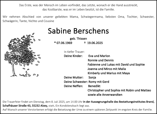 Traueranzeige von Sabine Berschens von Allgemeine Zeitung Alzey