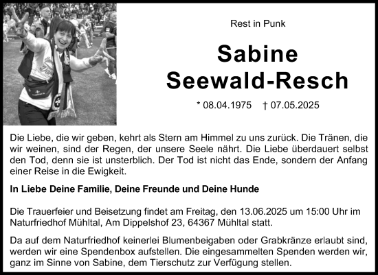Traueranzeige von Sabine Seewald-Resch von Darmstädter Echo