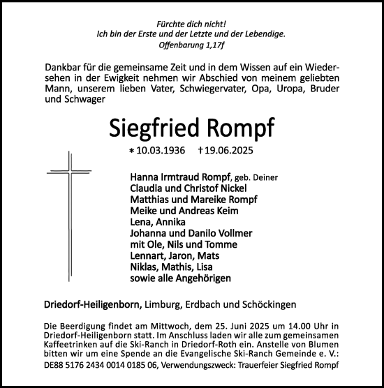 Traueranzeige von Siegfried Rompf von Dill Block