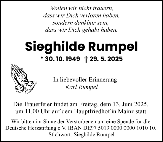 Traueranzeige von Sieghilde Rumpel von Allgemeine Zeitung Mainz
