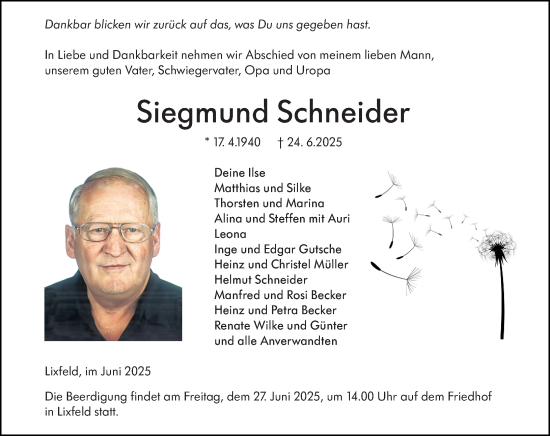 Traueranzeige von Siegmund Schneider von Hinterländer Anzeiger