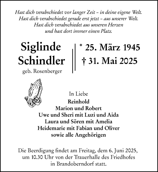 Traueranzeige von Siglinde Schindler von Wetzlarer Neue Zeitung