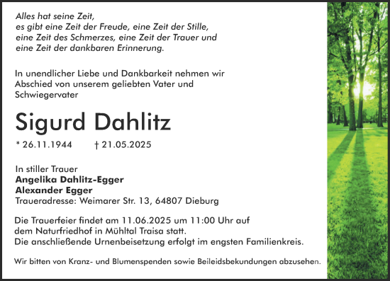 Traueranzeige von Sigurd Dahlitz von Darmstädter Echo