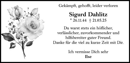 Traueranzeige von Sigurd Dahlitz von Darmstädter Echo
