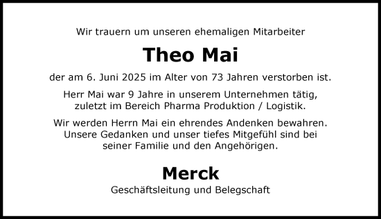 Traueranzeige von Theo Mai von Darmstädter Echo
