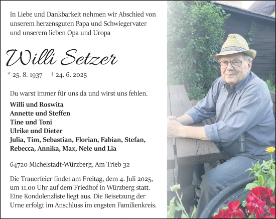 Traueranzeige von Willi Setzer von Odenwälder Echo