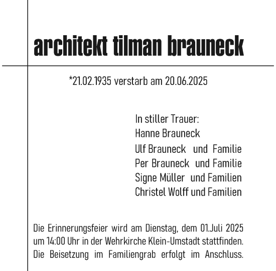 Traueranzeige von Tilman Brauneck von Darmstädter Echo