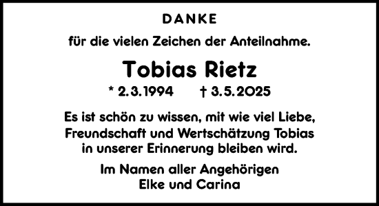 Traueranzeige von Tobias Rietz von Darmstädter Echo