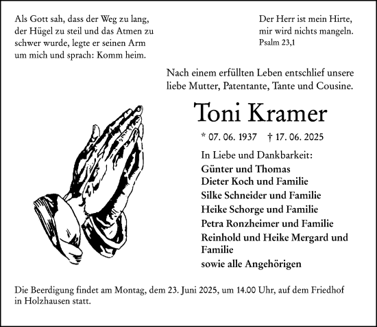 Traueranzeige von Toni Kramer von Hinterländer Anzeiger