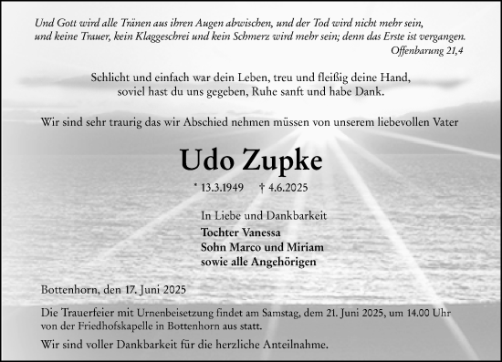 Traueranzeige von Udo Zupke von Hinterländer Anzeiger