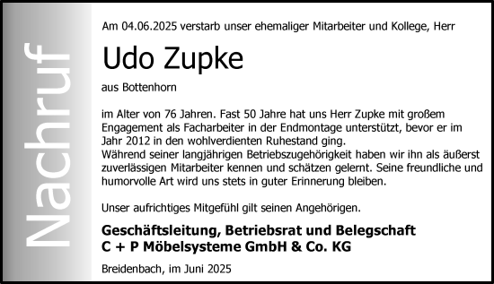 Traueranzeige von Udo Zupke von Hinterländer Anzeiger