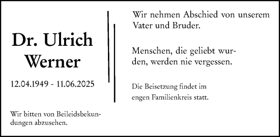 Traueranzeige von Ulrich Werner von Darmstädter Echo