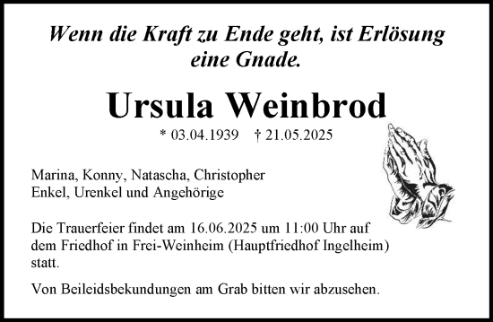 Traueranzeige von Ursula Weinbrod von Allgemeine Zeitung Rheinhessen-Nahe