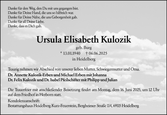 Traueranzeige von Ursula Elisabeth Kulozik von Dill Block