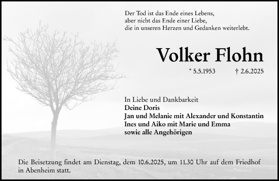 Traueranzeige von Volker Flohn von Wormser Zeitung