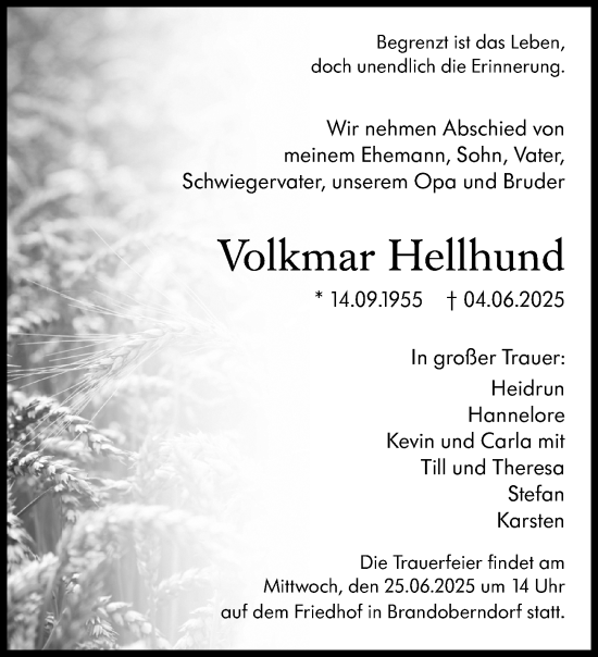Traueranzeige von Volkmar Hellhund von Wetzlarer Neue Zeitung