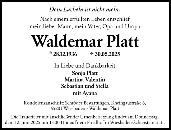 Traueranzeige von Waldemar Platt von Wiesbadener Kurier