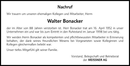 Traueranzeige von Walter Bonacker von Hinterländer Anzeiger