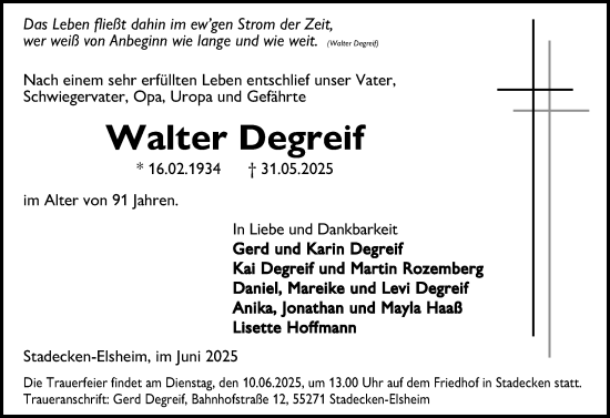 Traueranzeige von Walter Degreif von Allgemeine Zeitung Mainz
