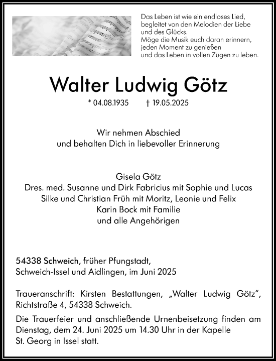 Traueranzeige von Walter Ludwig Götz von Darmstädter Echo