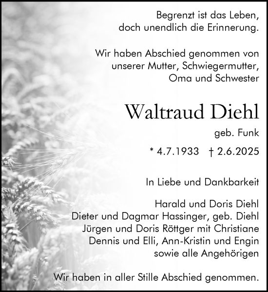 Traueranzeige von Waltraud Diehl von Rüsselsheimer Echo