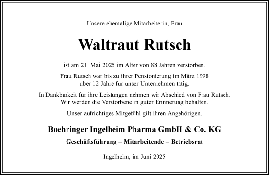 Traueranzeige von Waltraut Rutsch von Allgemeine Zeitung Rheinhessen-Nahe