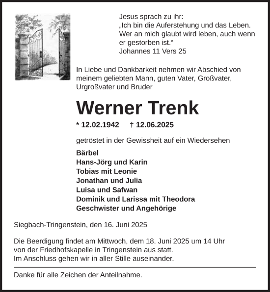 Traueranzeige von Werner Trenk von Dill Block
