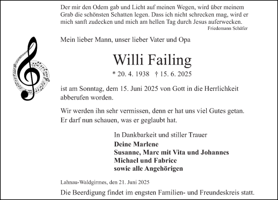 Traueranzeige von Willi Failing von Wetzlarer Neue Zeitung