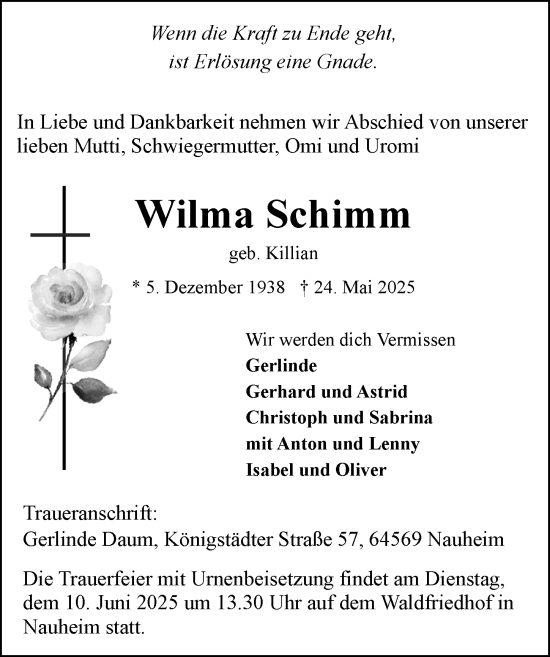 Traueranzeige von Wilma Schimm von Rüsselsheimer Echo