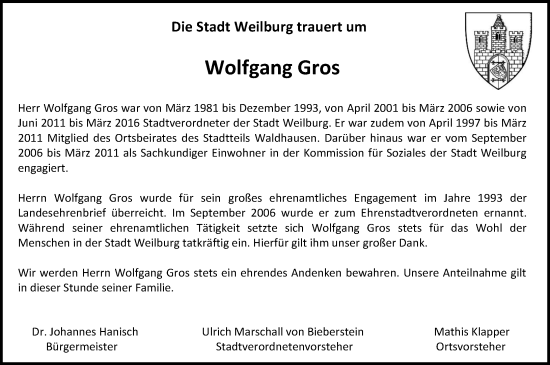 Traueranzeige von Wolfgang Gros von Weilburger Tageblatt