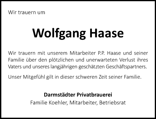 Traueranzeige von Wolfgang Haase von Darmstädter Echo