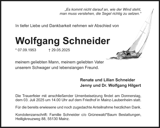 Traueranzeige von Wolfgang Schneider von Allgemeine Zeitung Mainz