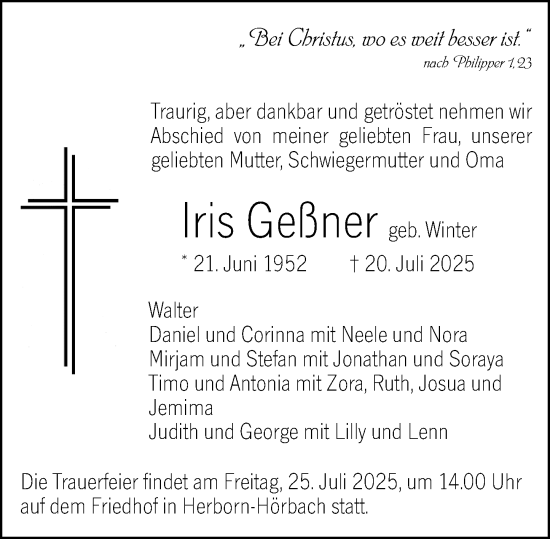 Traueranzeige von Iris Geßner von  Hinterländer Anzeiger