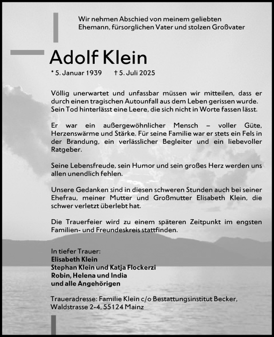 Traueranzeige von Adolf Klein von Allgemeine Zeitung Mainz