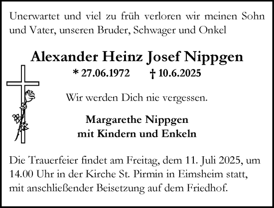 Traueranzeige von Alexander Heinz Josef Nippgen von Allgemeine Zeitung Mainz