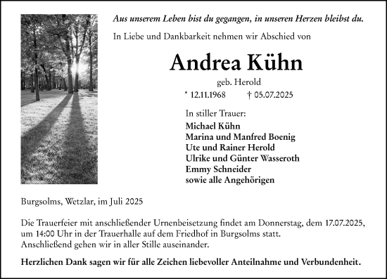Traueranzeige von Andrea Kühn von Wetzlarer Neue Zeitung
