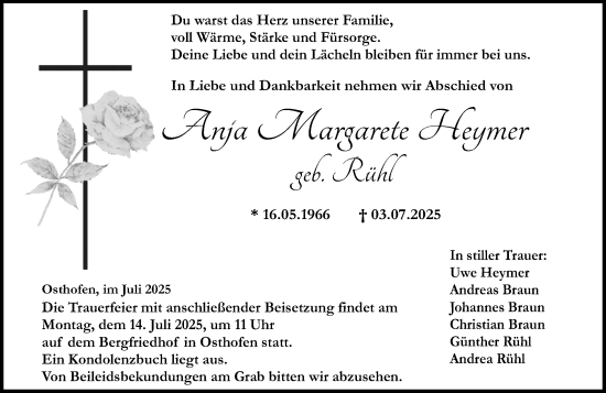 Traueranzeige von Anja Margarete Heymer von Allgemeine Zeitung Alzey