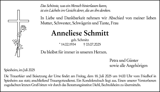 Traueranzeige von Anneliese Schmitt von Allgemeine Zeitung Alzey
